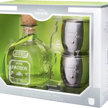 Patron Silver Premium Tequila Gift Pack with 2x Mule Mugs, 70 cl